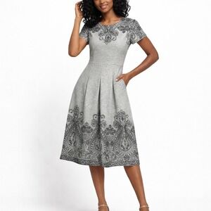 Talbots Women Jacquard Border Wool Fit Flare Dress 8 Gray Minimalist Office Chic